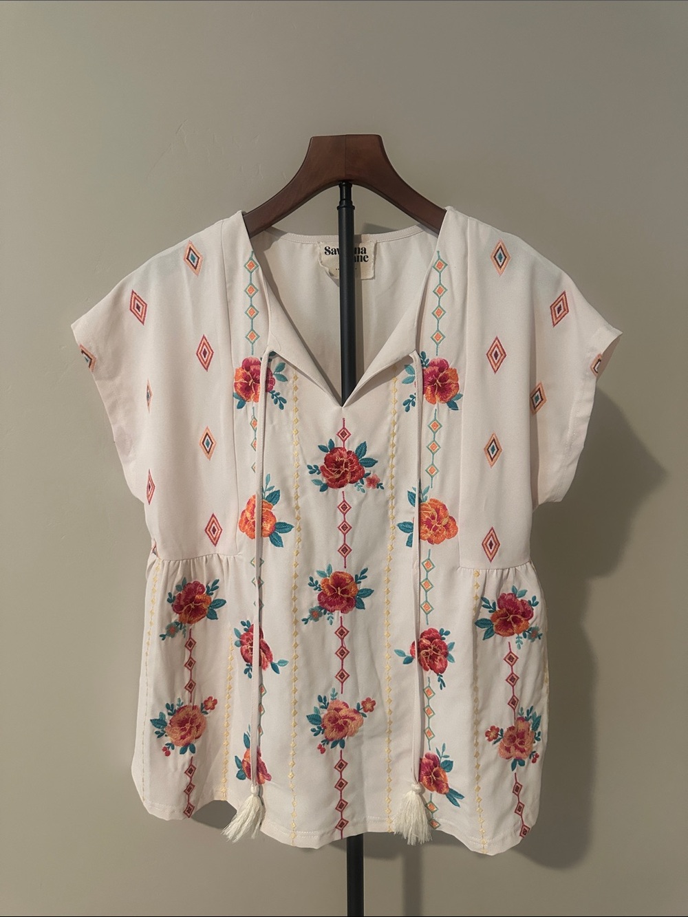 Savanna Jane cream Tunic with Red and Orange Floral Embroidery